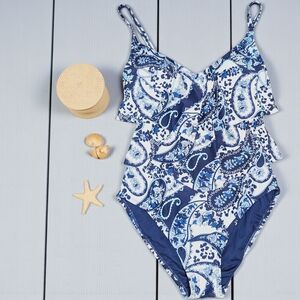 Ellen Tracy Swimming Women's Size 8 One Piece Rouched Ruffled Blue White NEW NWT